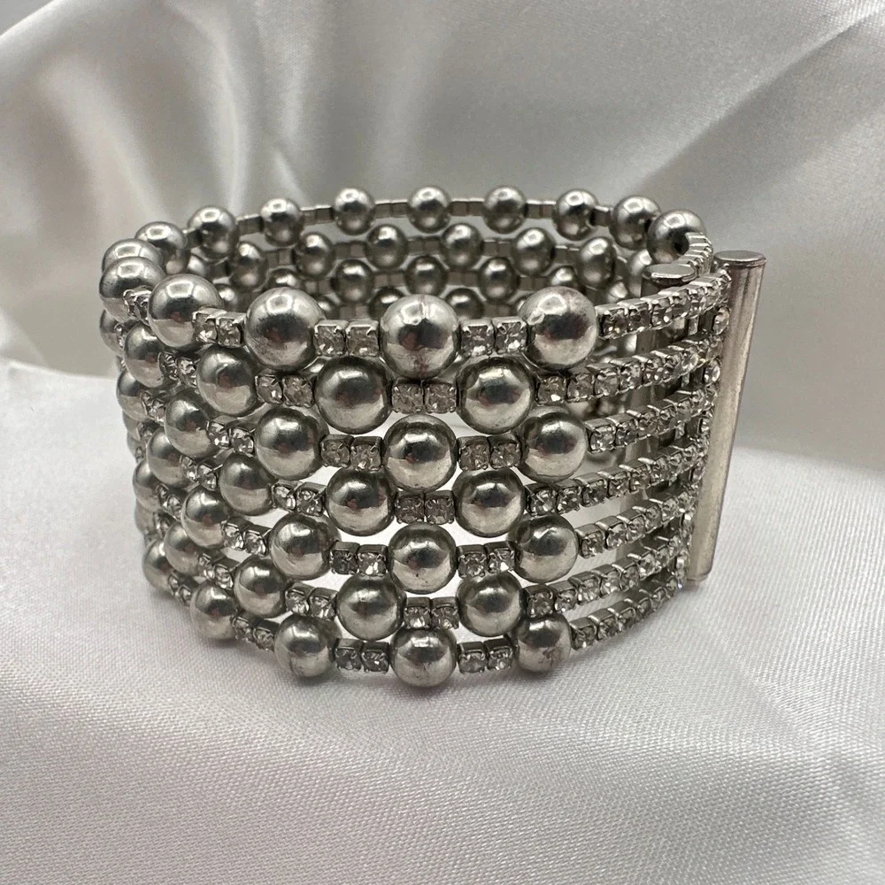Vintage 90s Silver Tone Multi Row Bead Clear Glass Wide Cuff Statement Bracelet